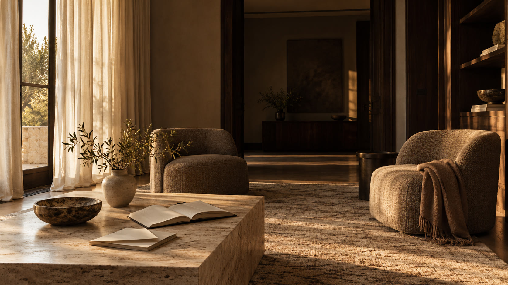 A quiet sunlit interior with linen curtains, a book and thoughtfully arranged seating